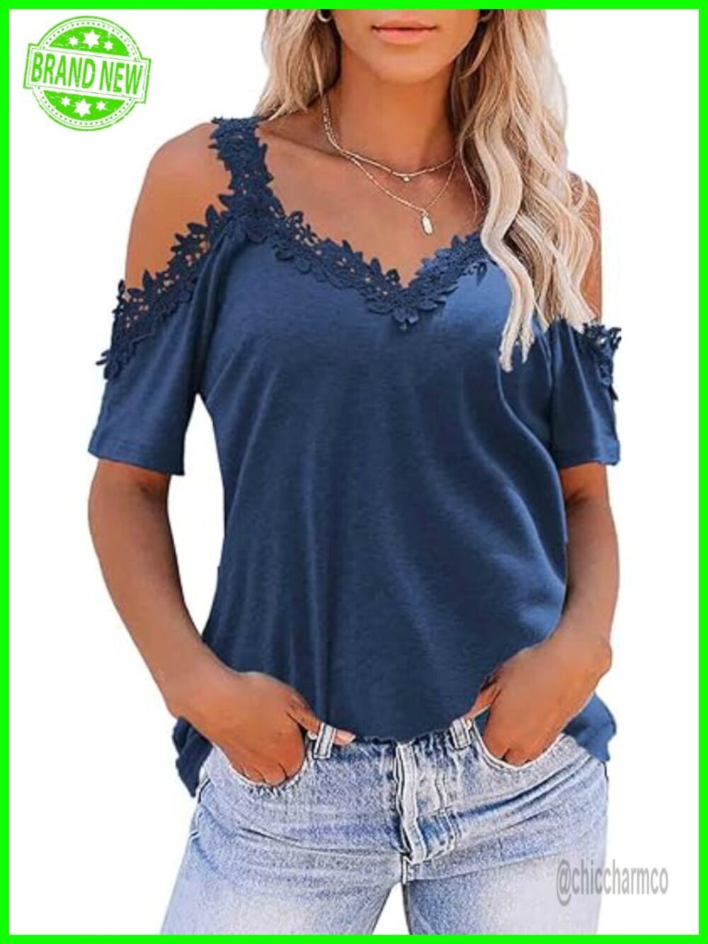 Cold Shoulder Top with Lace Trim, V-Neck, Short Sleeve, Soft Lightweight Fabric